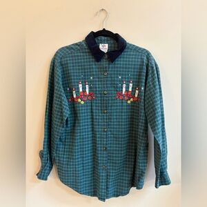Nutcracker Vintage Embroidered Candles Plaid Long Sleeve Cotton Flannel Shirt